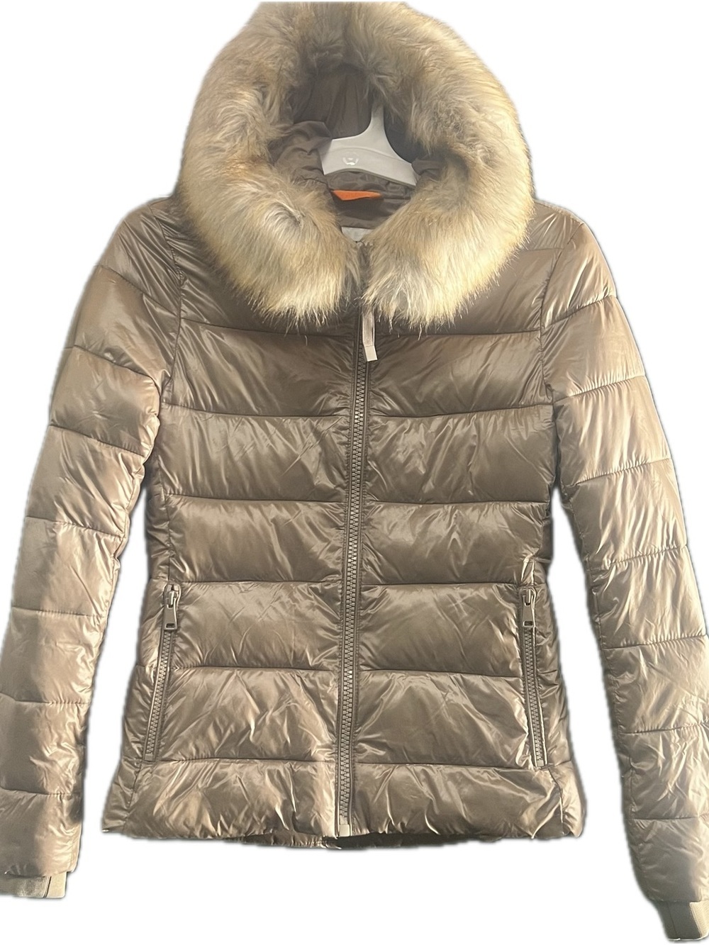 Zara Metallic Taupe Quilted Puffer Jacket with Faux Fur Hood